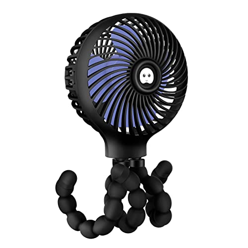 TRELC Mini Stroller Fan, 19H Battery Life, Personal Handheld Clip on Portable Rechargeable Fan with Flexible Tripod, Gift for Children Baby Car Travel BBQ Gym (Black, 4000mAh)
