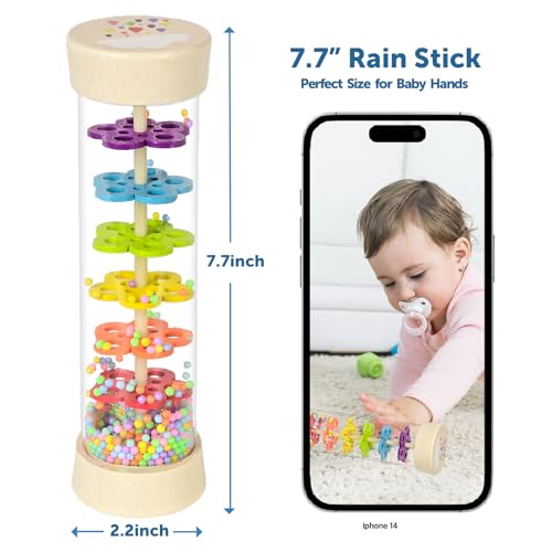 Rain Stick Montessori Baby Toys for 6-12 Months 1 Year Old, Wooden Rainmaker Infant Musical Sensory Toy, Baby Shower Gift for Newborn Toddler Boys Girls, 7.7"