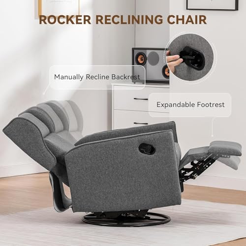 COMHOMA Nursery Rocking Chair Fabric Upholstered Swivel Rocker Recliner Manual Glider Reclining Chair for Living Room Bedroom Offices (Dark Grey)