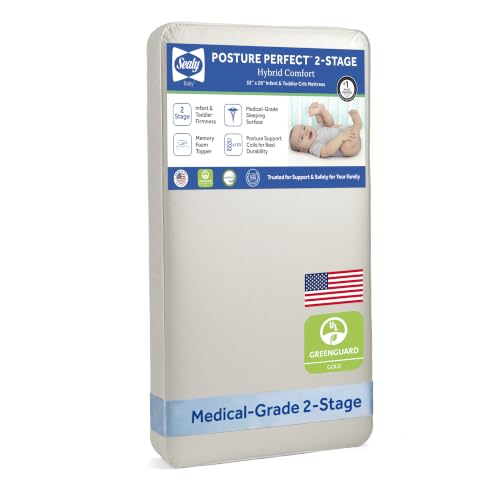 Sealy Baby Posture Perfect Breathable Crib Mattress, GREENGUARD Gold Certified, Made in USA, 2 Stage Hybrid Memory Foam & 150 Premium Coils, Toddler Bed Fit, Safety & Quality Tested, 52x28"
