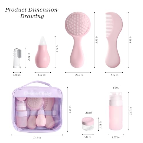 Baby Care Kit, Baby Grooming Kit,6-Piece Newborn Grooming Set with PP Baby Comb & Brush, Silicone Nasal Aspirator, Travel Bottles (60ml/20ml), Toothbrush, Newborn Care Set (Pink)