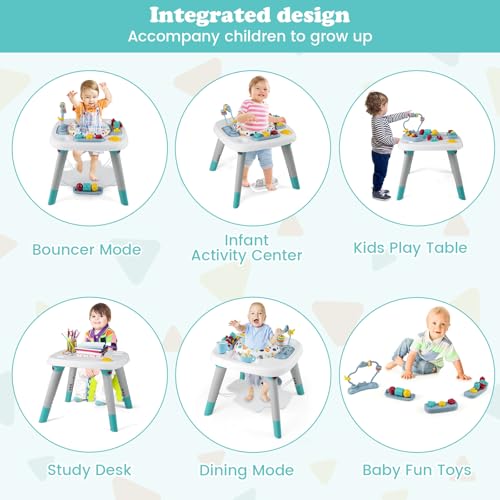 HONEY JOY Baby Bouncer Activity Center, 6-in-1 Infant Jumper & Standing Play Table w/ 360° Rotary Seat, 5 Toys, 3 Adjustable Heights, Music & Sounds, Activity Center for Babies(Blue)