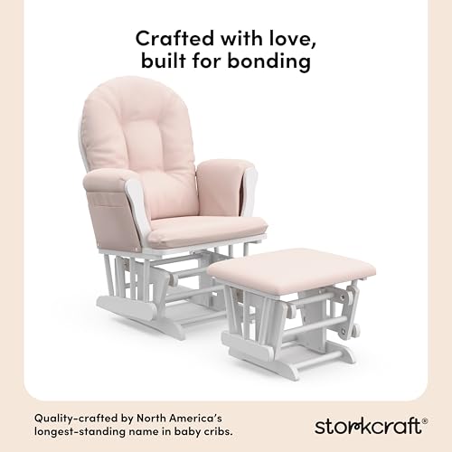 Storkcraft Premium Hoop Glider & Ottoman (White/Pink) — GREENGUARD Gold Certified Nursery Glider, Solid Wood Craftsmanship, Smooth-Gliding Nursery Chair and Ottoman, Award-Winning