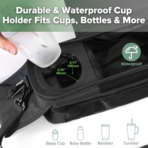 haakaa Universal Stroller Organizer with Insulated Cup Holder - Black, Single Cup Holder, Stroller Caddy with Shoulder Strap & Extra Non-Slip Stroller Hook, Fits Most Strollers