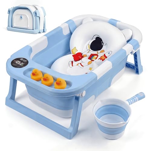 Collapsible Baby Bathtub for Newborn Infant Girl & Boy 0-24 Months, Foldable Portable Bathtub with Thermometer, Heat Sensor, Drain Plug, Water Scoop, Cushion Pillow, Compact Travel Bath Tub for Shower