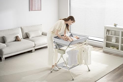 BABY SKYE Diaper Changing Table Portable with Wheels Foldable Diaper Station Organizer & Storage Rack Newborn and Baby (Light Grey)