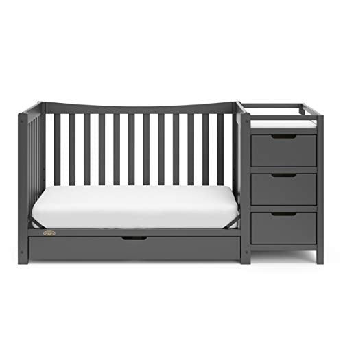 Graco Remi 4-in-1 Convertible Crib & Changer – GREENGUARD Gold Certified, Fits Standard Crib Mattress, Converts to Toddler Bed and Full Bed, 4 Adjustable Mattress Heights (Gray)