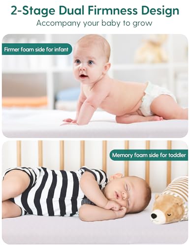 Babelio Memory Foam Crib Mattress Dual-Sided Baby Toddler Mattress Standard Size, Removable Waterproof Cover, CertiPUR-US Certified, Grey