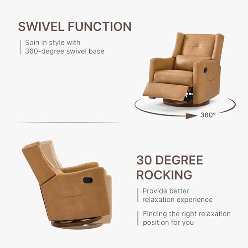 KISLOT Faux Leather Recliner Swivel Glider, 360° Rotation Nursery Chair Upholstered Reclining Rocker with Wood Base for Living Room Bedroom Nursery
