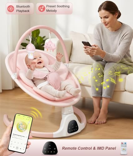 Baby Swing for Infants, Infant Swing with 5 Swing Speed, Built-in Soothe Melodies, 5-Point Harness, Electric Infant Swing with Bluetooth for Indoor & Outdoor Use (Pink)