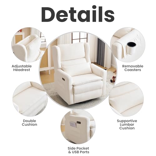 RUTOX Power Recliner Chair Swivel Glider with Adjustable Headrest，Oversized Swivel Rocker Recliner with Lumbar Support, Upholstered Nursery Glider Recliner for Living Room,White