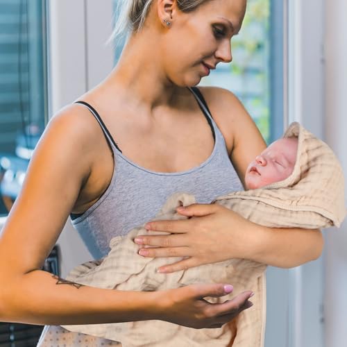 VitalCozy 6 Pcs Baby Muslin Hooded Bath Towels and Washcloths Muslin Cotton Hooded Baby Towels Absorbent Blankets for Gift Newborn Infant Shower (32 x 32 Inch,Beige,Sage Green)