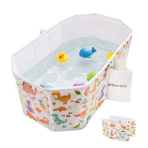 MORAIS Toddler Bathtub Collapsible & Portable, Foldable Baby Bath Tub for Shower & Travel, Dual Drain Plug with Thick Padded Bottom, Easy to Clean, Space-Saving Tub, 12 Months+