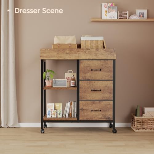 YeTom Changing Table Dresser, Baby Dresser with 3 Fabric Drawers and 2 Shelves, Multi-Functional Baby Changing Table with Pad, Classic Nursery Dresser, Diaper Changing Station, Rustic Brown