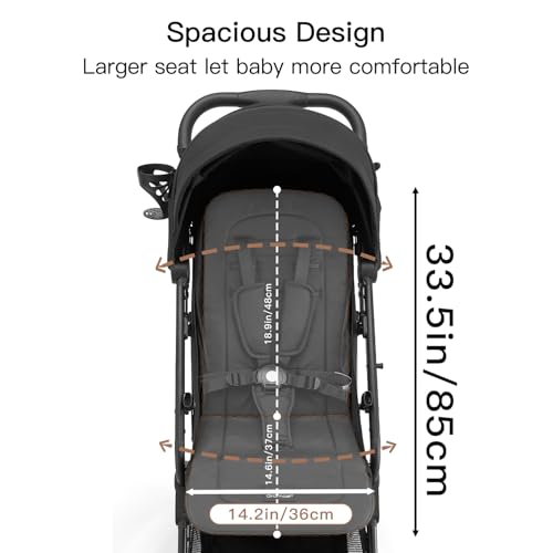 Gromast Compact Fold Baby Stroller, Lightweight Travel Toddler Stroller with One-Click Fold, Extendable UPF50+ Canopy, Cup Holder, UV Protected and Waterproof, One-Hand Folding - Black