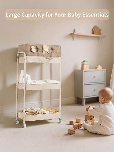 Fortella Baby Diaper Caddy, 3 Tier Rolling Storage Cart for Baby Essentials, Diaper Cart with Detachable Dividers, Storage & Baby Bottle Organizer, Nursery Dresser for Bedroom, Living Room (Taupe)