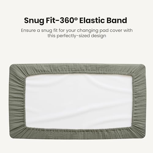 Konssy Waterproof Muslin Changing Pad Cover 2 Pack, Quilted Cotton Fitted Diaper Chang Table Cover, Soft Changing Pad Sheets for Girls Boys (Fog Green,Cream)