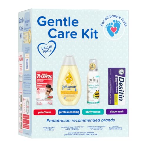Johnson's Baby Gentle Care Kit, Baby Skin Care, 4 Items, Includes Desitin Maximum Strength Paste, Infants' Tylenol, Fever Reducer, Johnson's Baby Head-to-Toe Baby Wash, Zarbee's Soothing Saline Mist