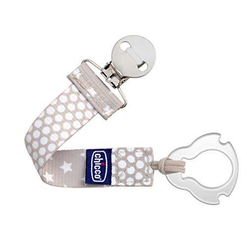 Chicco Two-in-One Pacifier Clip with Loop & Ring Attachment, Loop for Teethers and Small Toys, Ring Included for Knob-Style Pacifiers, Secure Clasp is Gentle on Clothing, One-Piece Design, Grey