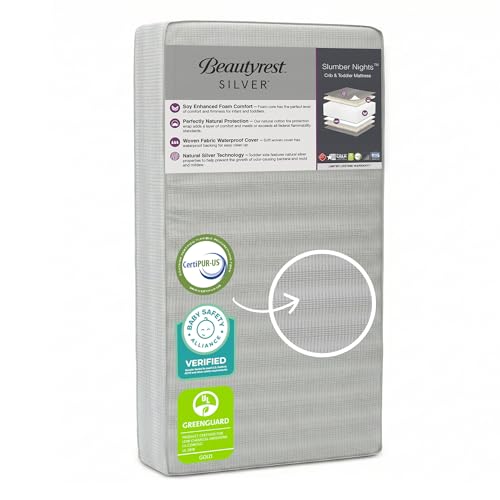 Beautyrest Silver Slumber Nights Dual Sided 2-Stage Crib Mattress and Toddler Mattress - GREENGUARD Gold – Waterproof - Plant Based Soy Foam Core, Grey
