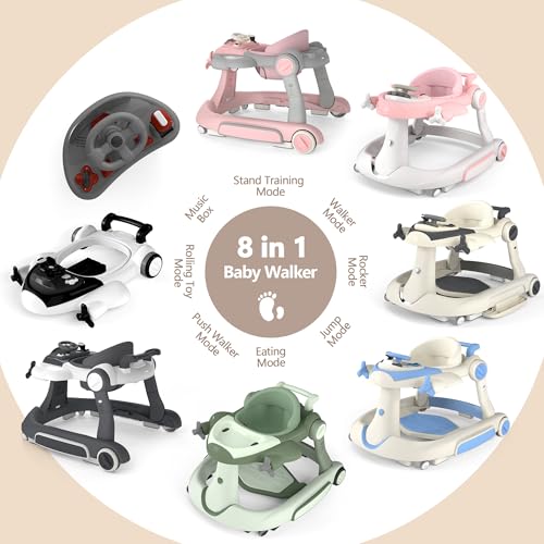 Kinder King 8-in-1 Baby Walker with Music & Lights, 3 Level Adjustable Height, Foldable Toddler Walker with Speed Adjustable Wheels, Easy to Clean, Baby Walkers for Boys & Girls 6-18 Months