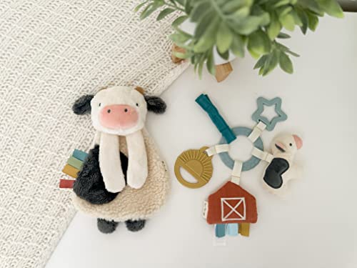 Itzy Ritzy Teething Toy Gift Set - Includes Cow Lovey & Barn-Themed Busy Ring Car Seat and Stroller Toy - Features Crinkle Sounds, Engaging Textures & Silicone Teething Relief (Farm)