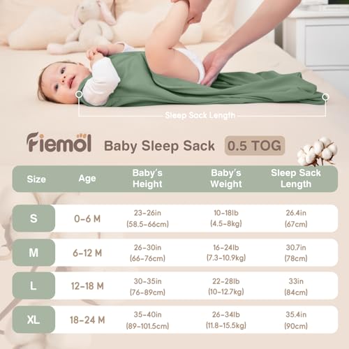 FIEMOL Baby Sleep Sack 0-6 Months, 100% Cotton Sleeping Sack for Newborn and Infant, 3 Pack Baby Wearable Blanket, 0.5 Tog Lightweight Double Zipper Sleep Bag Cyan