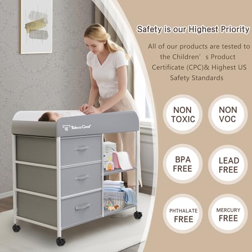 G TALECO GEAR Baby Changing Table, Portable Changing Table, Diaper Changing Station with Waterproof Pad, Changing Table Dresser with 3 Storage Baskets, Mobile Nursery Organizer for Newborn Essentials