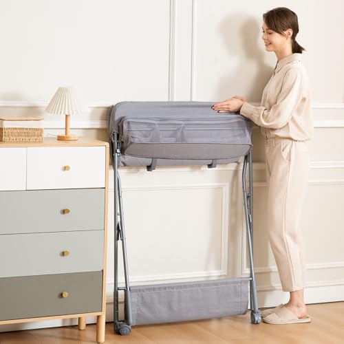 Baby Changing Table with Wheels, Maydolly Portable Adjustable Height Folding Diaper Station with Nursery Organizer & Storage Rack for Newborn Baby and Infant (Light Grey)