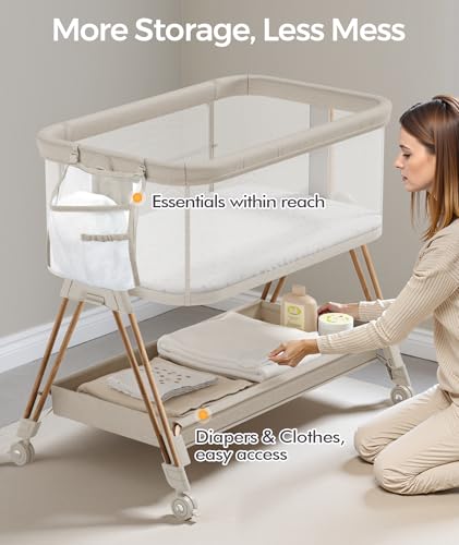 Fodoss Baby Bassinets Bedside Sleeper - 3-in-1 Baby Bassinet with Wheels, Soft Mattress, Storage Tray, Full-Mesh Sides, 7-Height Adjustable Crib for Newborns