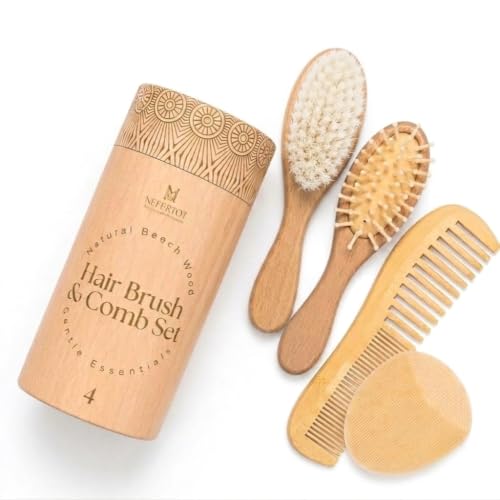 Wooden Baby Hair Brush Grooming Kit with Beech Wood Goat Hair Brush, Cradle Cap Brush, Silicone Scalp Massager, Ultra Soft Bristle Brush | Gender Neutral Newborn Hairbrush Set for Boy or Girl