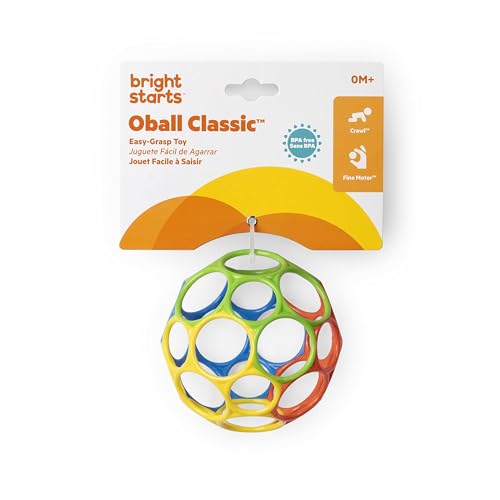 Bright Starts Oball Easy Grasp Classic Ball BPA-Free Infant Toy in Red, Yellow, Green, Blue, Age Newborn and up, 4 Inches