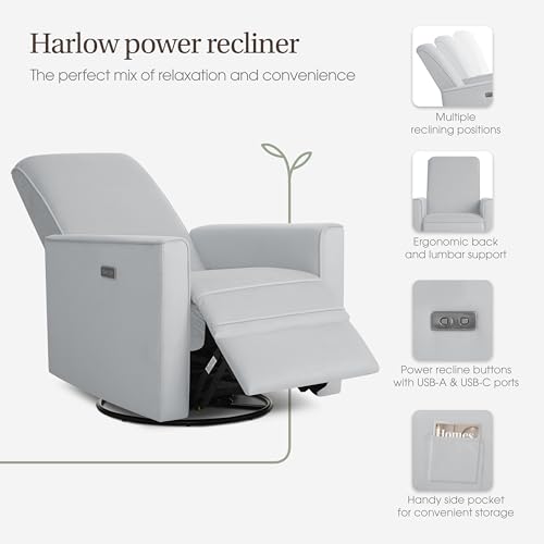 Evolur Harlow Upholstered Power Glider Recliner with USB Charging – Rocking & 275° Swivel with Smooth Glide – Greenguard Gold & FSC Certified – Modern Nursery and Living Room Chair in Grey