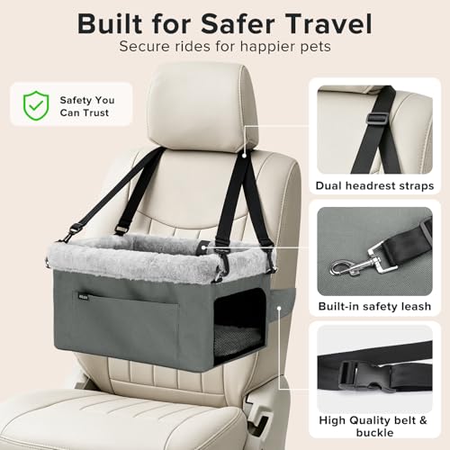 JOEJOY Deluxe Dog Booster Seat with Sturdy Metal Frame and Safety Leash for Small Pets up to 20 lbs - Portable Puppy Dog Car Seat with Thick Cushion and Storage Pockets for Small Dogs