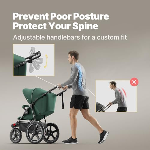 BabyVista Jogging Stroller, All-Terrain Frame, 12"/16" Inflatable Tires with Angled Valve, Disc Hand Brake & Foot Brake, Adjustable Handlebar, Foldable Jogger Stroller for Babies & Toddlers, Green