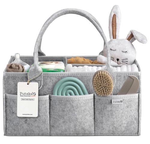 PUTSKA Baby Diaper Caddy Organizer - Nursery Storage Basket for Diaper Station, Baby Basket Shower Gift List and Registry Must-Have, Newborn Essentials, Nursery Decor for Boy or Girl - Grey, Large