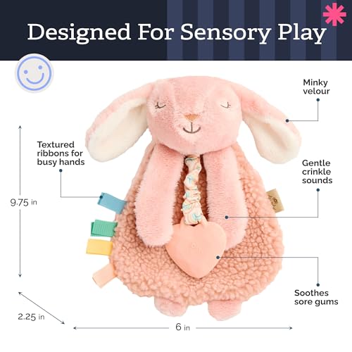 Itzy Ritzy - Itzy Lovey Including Teether - Baby Lovey with Teether, Textured Ribbons & Dangle Arms - Features Crinkle Sound, Sherpa Fabric and Minky Plush (Pink Bunny)
