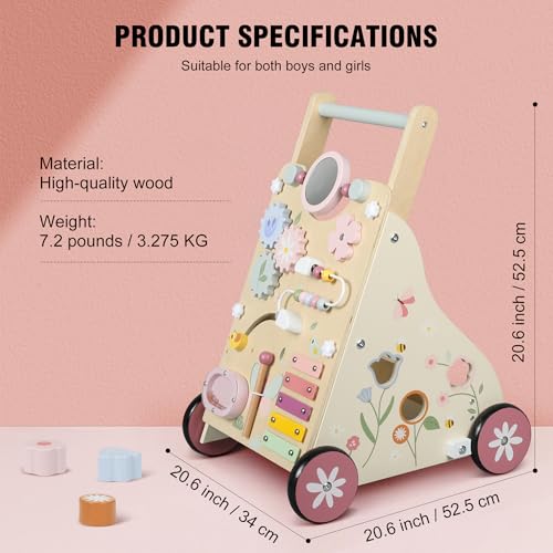 Pithfor Wooden Baby Walker, Baby Push Walker, Push Walker Toys for Babies Learning to Walk & Sit-to-Stand, with Montessori Sensory Toy & Activity Center for Girls Boys