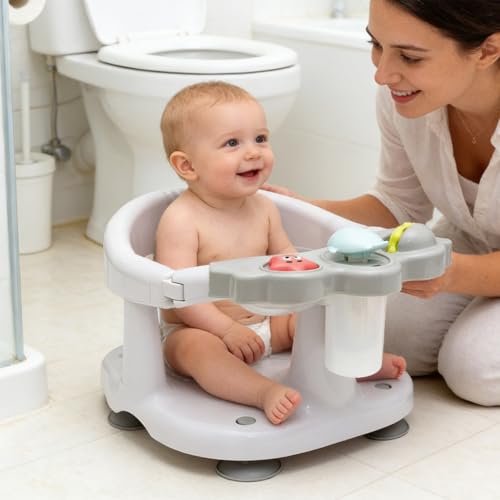 Baby Bath Seat for Babies 6 Months & Up with Toy Tray,Non-Slip Suction Cup Baby Bath Chair for Babies Sitting Up (Grey)