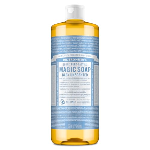 Dr. Bronner's Pure-Castile Magic Soap Liquid (Baby Unscented, 32 Ounce) – Made with Regenerative Organic Certified Oils – For Sensitive Skin, Babies, Face, Hair, Laundry, Dishes, Hand Soap & Body Wash