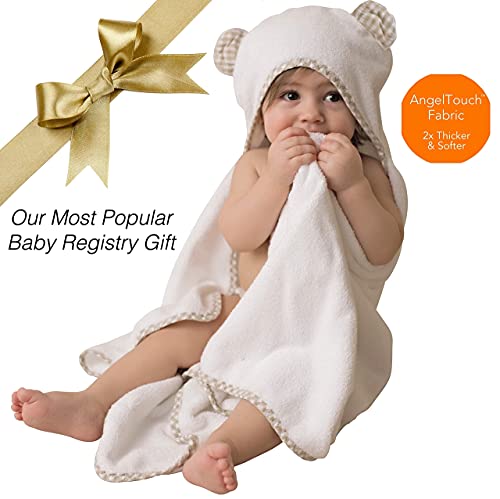 Channing & Yates Premium Organic Baby Towel Set - Soft Viscose Bamboo Hooded Towel & Washcloth - Girl & Boy Bath Essentials (Beige/White)