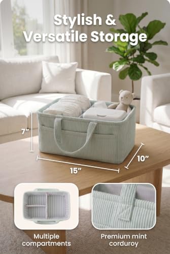 Itsy Bitsy Tot Diaper Caddy Organizer - Mint Curdoroy Baby Storage Bin for Nursery & Car | Baby Shower Basket & registry Essential