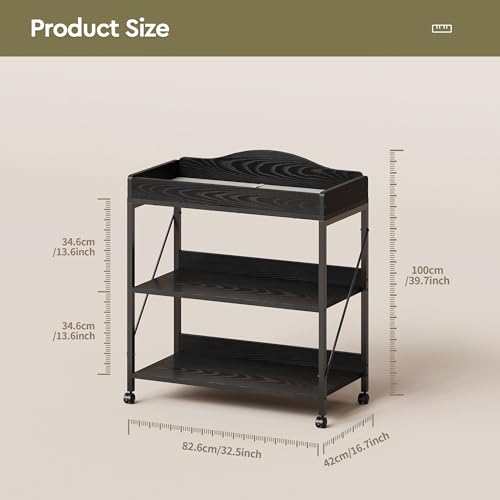 Yetom Baby Changing Table, Diaper Changing Station with Pad and Wheels, Two-Tier Open Storage Shelves, Waterproof Diaper pad & Safety Strap,Compact Baby Furniture for Nursery, Black