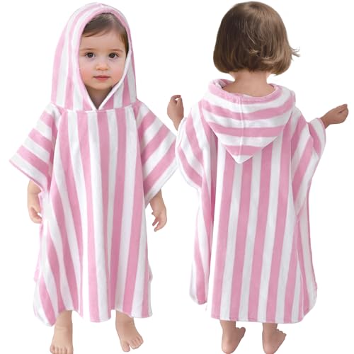 VOOVA & MOVAS Toddler Towels with Hood, Oversized (2-4Years,21"X21") Made from 100% Soft Cotton,Absorbent Hooded Poncho Towel for Baby Girls,Perfect for Pool | Swimming | Bath | Beach,Pink Stripe