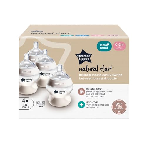 Tommee Tippee Natural Start Anti-Colic 5 oz BPA Free Baby Bottles, 0+ Months, Slow Flow Breast-Like Nipple, Self Sterilizing, Designed for Seamless Transition Between Bottle and Breast, Pack of 4
