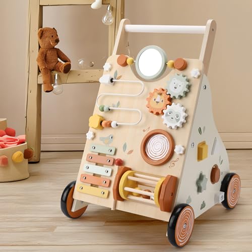 Pithfor Wooden Baby Walker, Baby Push Walker with Activity Center for Girls Boys, Montessori Push Walker Toys for Babies Learning to Walk, Sit-to-Stand, for 10-12 Months 1 2 3 Years Old