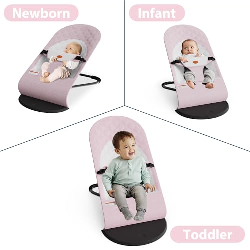 Portable Baby Bouncer Seat for Infants, 0-18 Months, 3 Modes of Use with Rocker & Stationary Options, Ergonomic Infant Chair with Hanging Toys,Pink