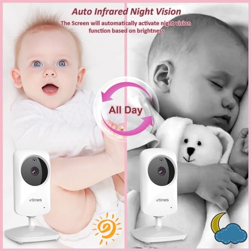 VTimes Baby Monitor with Camera and Audio, No WiFi, 2.4" LCD Screen, Two-Way Talk, Portable, Night Vision, 1000ft Range, Temperature Sensor, Alarm and Lullaby, for Baby Shower