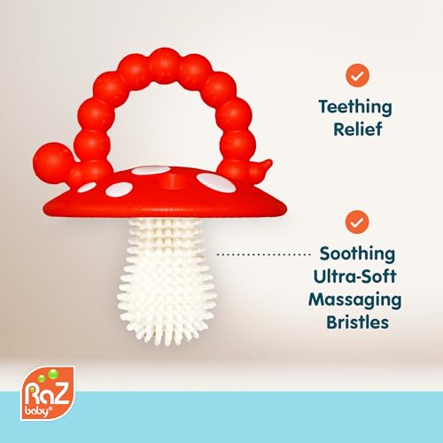 RaZbaby Soft Silicone Infant & Baby 3M+ Teether Toy Massaging Bristles Teething Relief Pacifier - Soothes Sore Gums - Hands-Free & Easy-to-Hold Chompy Teether, BPA Free (RED/Blue)