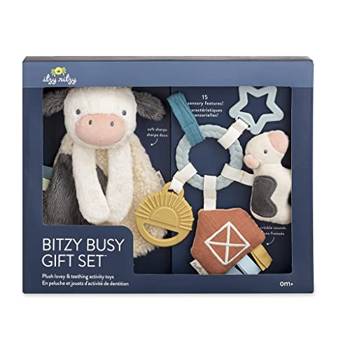 Itzy Ritzy Teething Toy Gift Set - Includes Cow Lovey & Barn-Themed Busy Ring Car Seat and Stroller Toy - Features Crinkle Sounds, Engaging Textures & Silicone Teething Relief (Farm)